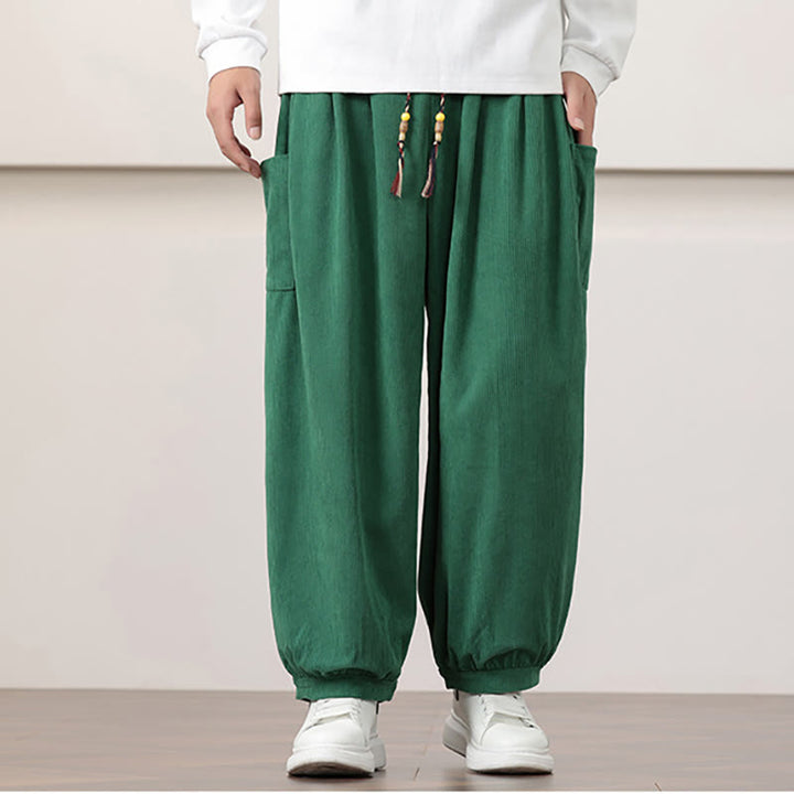 Buddha Stones Solid Color Corduroy Drawstring Men's Harem Pants With Pockets - image 29