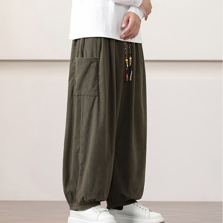 Buddha Stones Solid Color Corduroy Drawstring Men's Harem Pants With Pockets - image 3