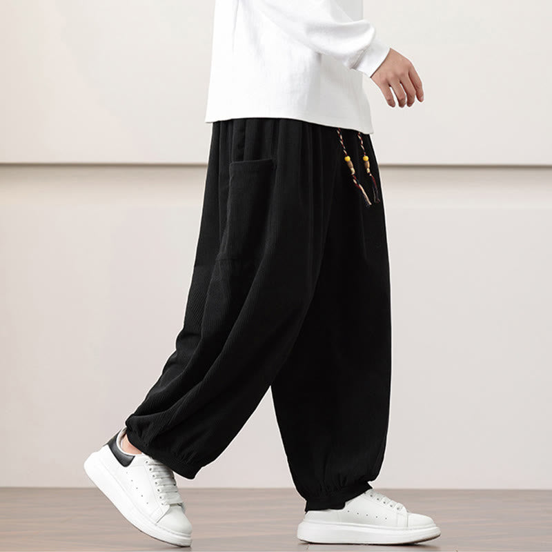 Buddha Stones Solid Color Corduroy Drawstring Men's Harem Pants With Pockets - image 15