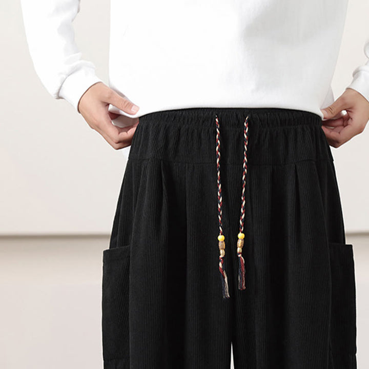 Buddha Stones Solid Color Corduroy Drawstring Men's Harem Pants With Pockets - image 17