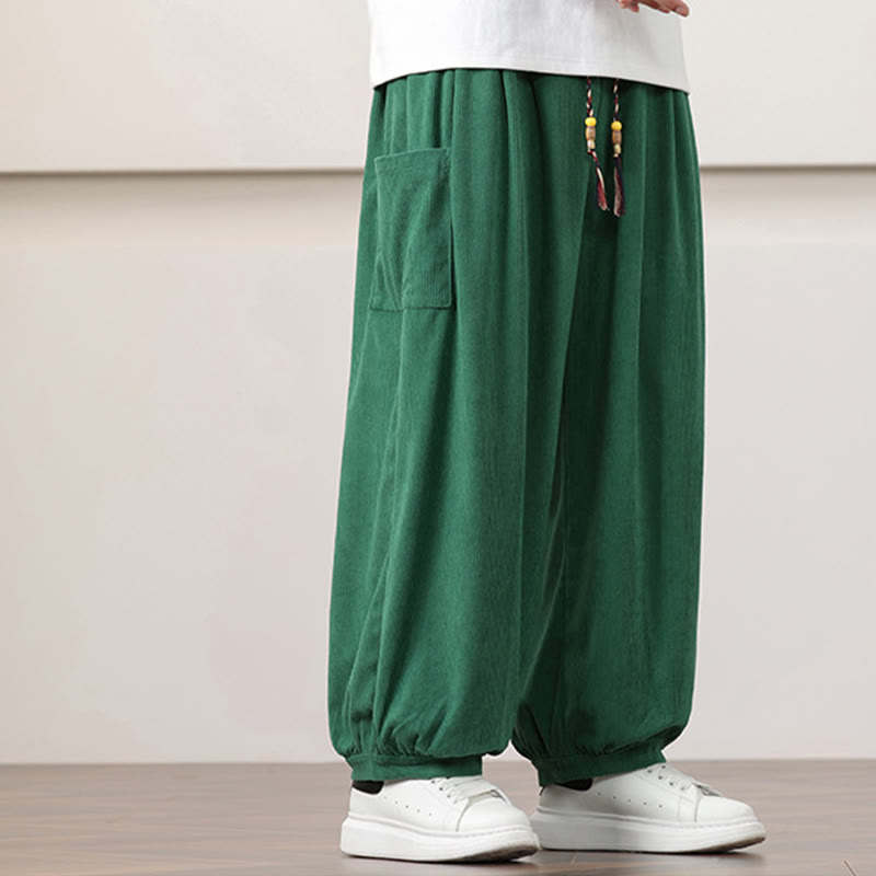 Buddha Stones Solid Color Corduroy Drawstring Men's Harem Pants With Pockets - image 32
