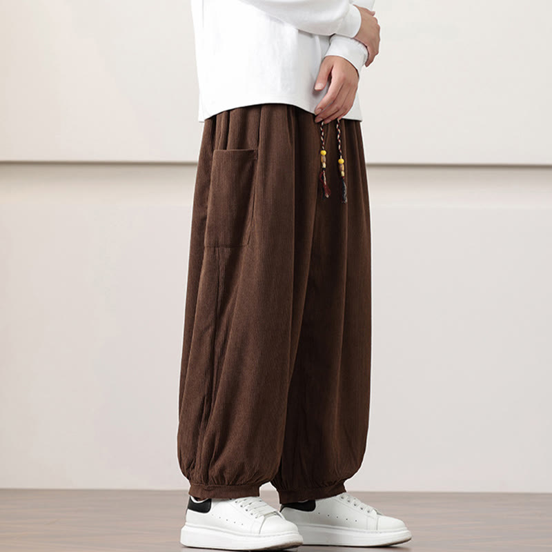 Buddha Stones Solid Color Corduroy Drawstring Men's Harem Pants With Pockets - image 37