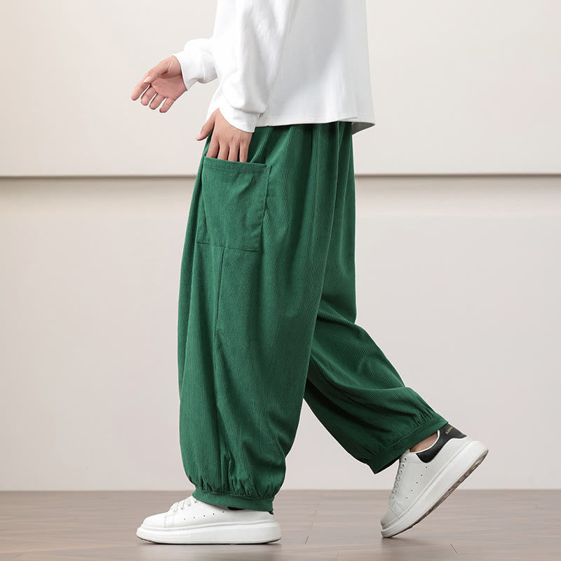 Buddha Stones Solid Color Corduroy Drawstring Men's Harem Pants With Pockets - image 35