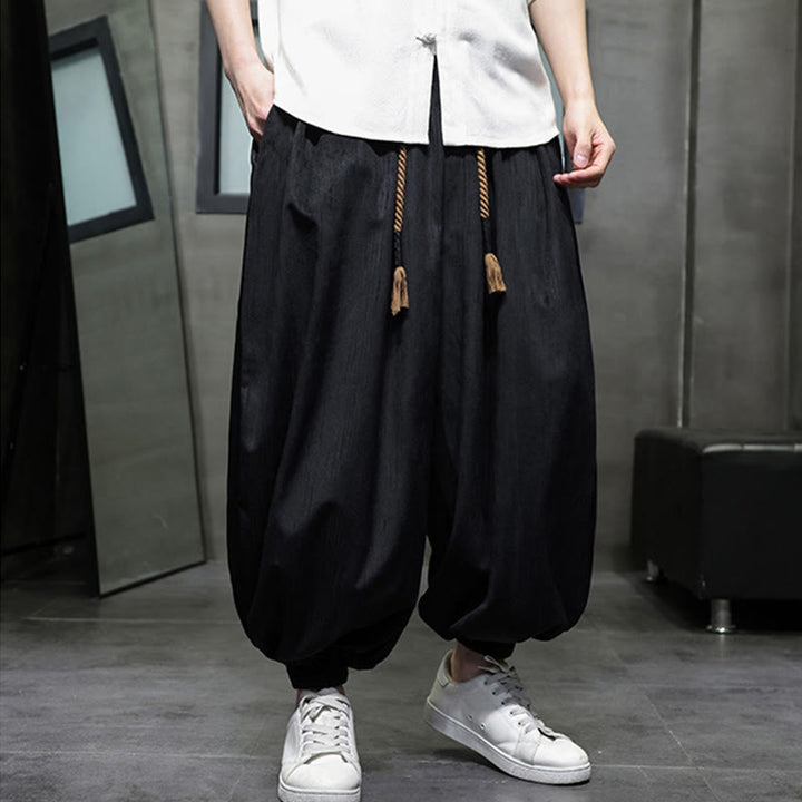 Buddha Stones Solid Color Corduroy Drawstring Thermal Men's Harem Pants With Pockets - image 8