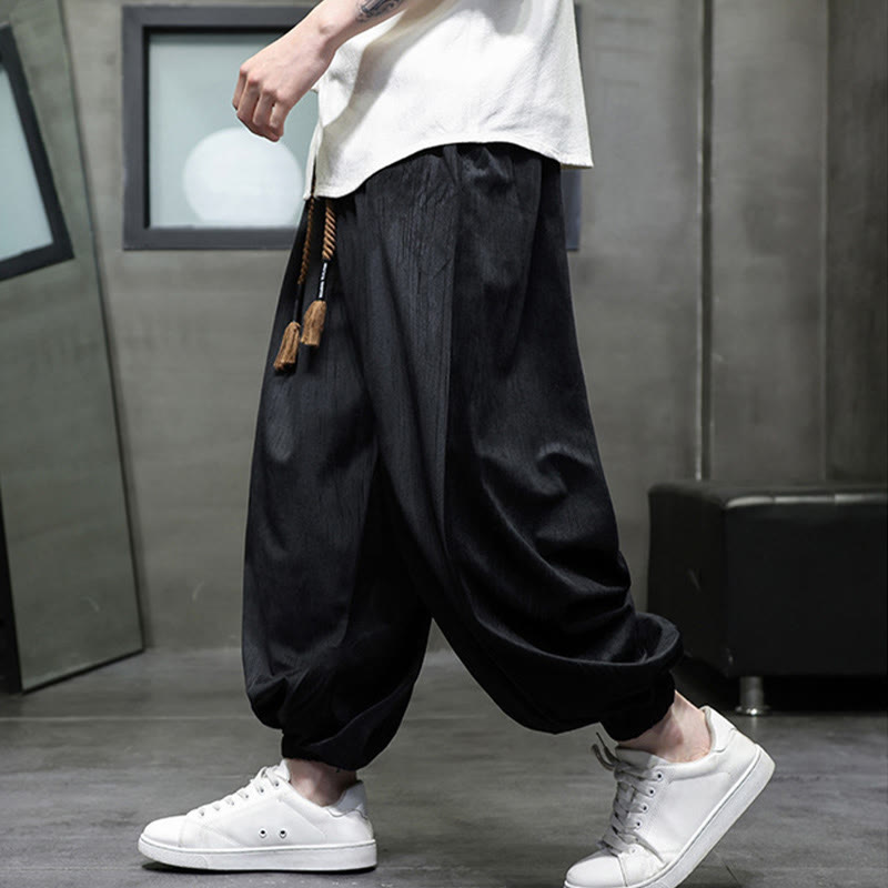 Buddha Stones Solid Color Corduroy Drawstring Thermal Men's Harem Pants With Pockets - image 6