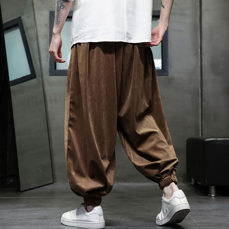 Buddha Stones Solid Color Corduroy Drawstring Thermal Men's Harem Pants With Pockets - image 12