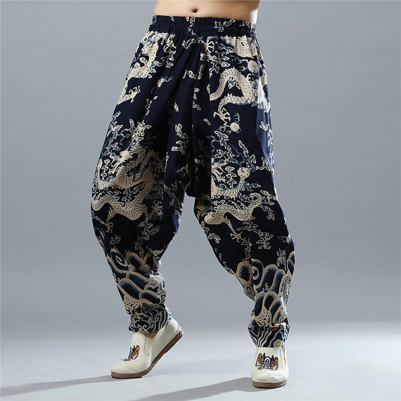 Buddha Stones Chinese Dragon Printed Elastic Waist Ethnic Cotton Linen Men's Pants With Pockets - image 1