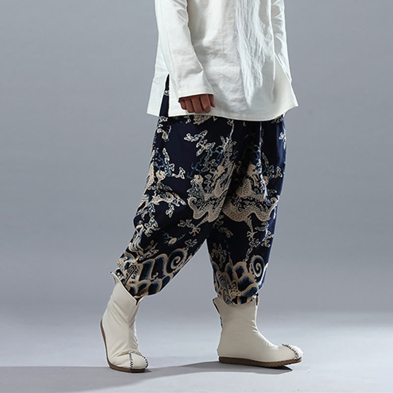 Buddha Stones Chinese Dragon Printed Elastic Waist Ethnic Cotton Linen Men's Pants With Pockets - image 4