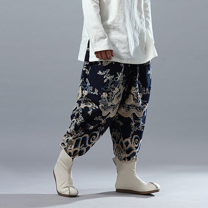 Buddha Stones Chinese Dragon Printed Elastic Waist Ethnic Cotton Linen Men's Pants With Pockets - image 4