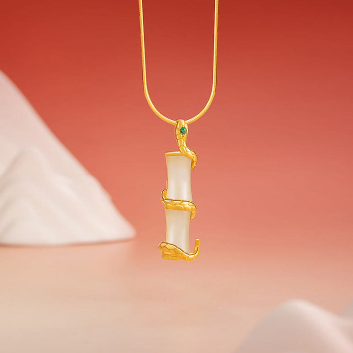 Buddha Stones Hetian Jade 925 Sterling Silver Year of the Snake Bamboo Growth Necklace Pendant - Hetian Jade 925 Sterling Silver - image 0