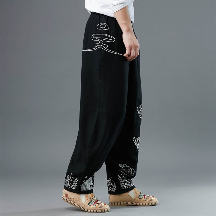 Buddha Stones Clouds Elastic Waist Ethnic Cotton Men's Pants With Pockets - image 6