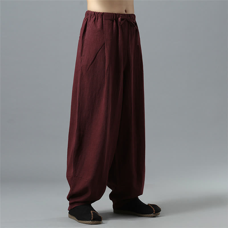 Buddha Stones Casual Solid Color Drawstring Cotton Linen Men's Pants With Pockets - image 23
