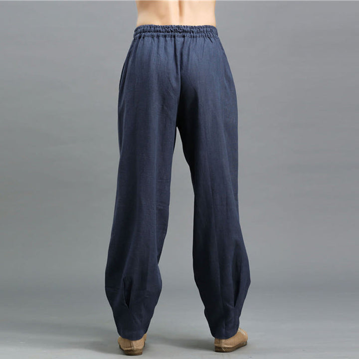 Buddha Stones Casual Plain Color Elastic Drawstring Ramie Linen Men's Pants With Pockets - image 4