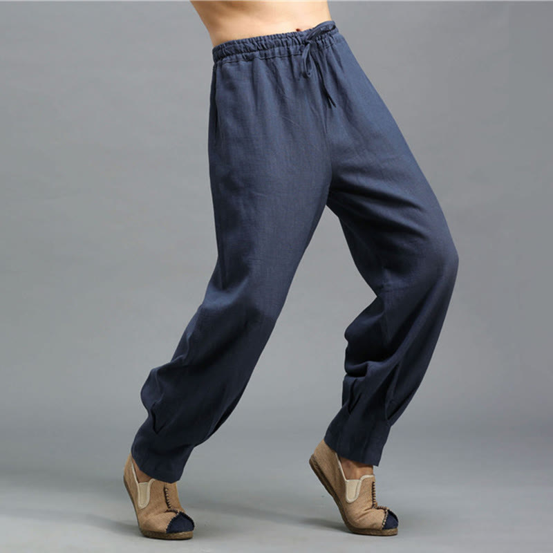 Buddha Stones Casual Plain Color Elastic Drawstring Ramie Linen Men's Pants With Pockets - image 3