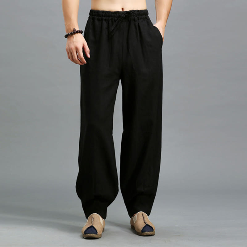 Buddha Stones Casual Plain Color Elastic Drawstring Ramie Linen Men's Pants With Pockets - image 13