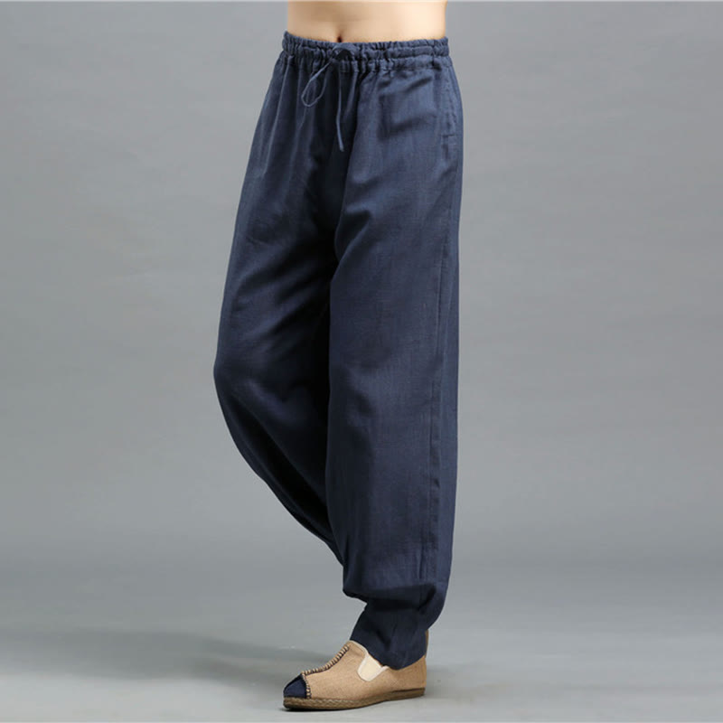 Buddha Stones Casual Plain Color Elastic Drawstring Ramie Linen Men's Pants With Pockets - image 8