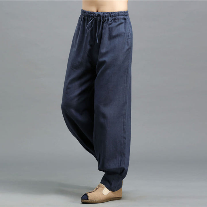 Buddha Stones Casual Plain Color Elastic Drawstring Ramie Linen Men's Pants With Pockets - image 8
