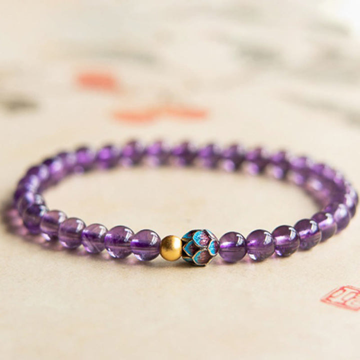 Buddha Stones Natural Amethyst Lotus Spiritual Awareness Bracelet - 4mm Amethyst(Wrist Circumference: 14-16cm) - image 0