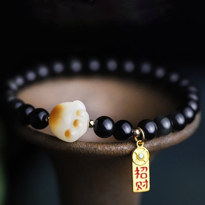 Buddha Stones Black Obsidian Cat Paw Bodhi Seed Lucky Fortune Charm Purification Bracelet - 6mm Black Obsidian(Wrist Circumference: 14-16cm) - image 0