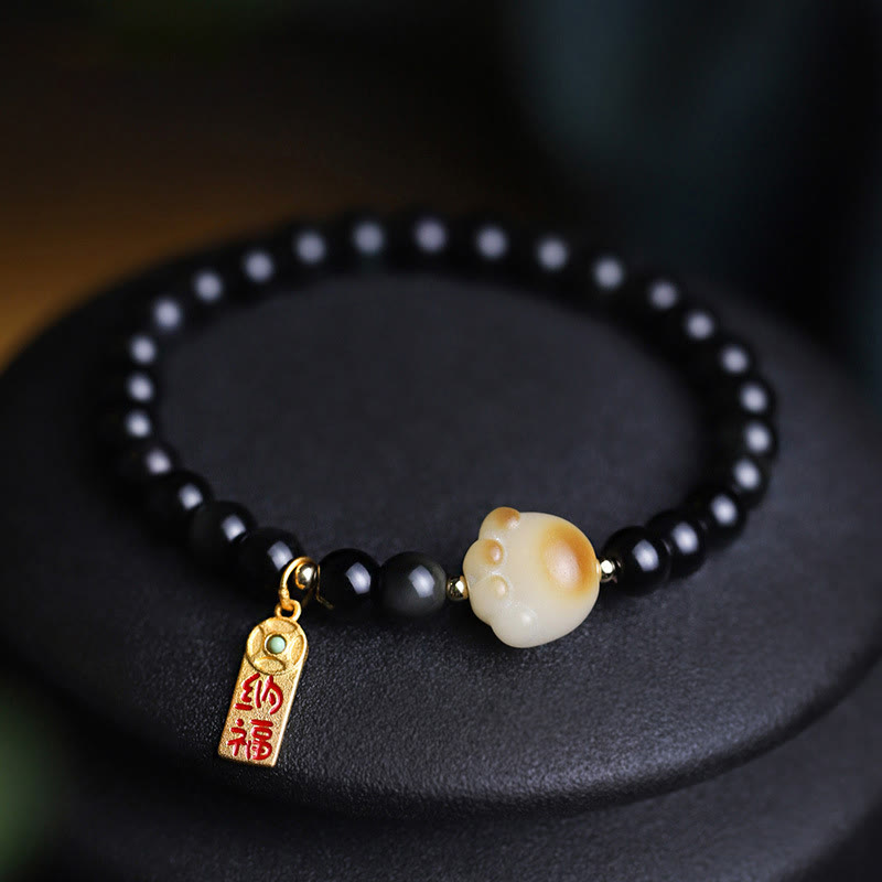 Buddha Stones Black Obsidian Cat Paw Bodhi Seed Lucky Fortune Charm Purification Bracelet - image 8