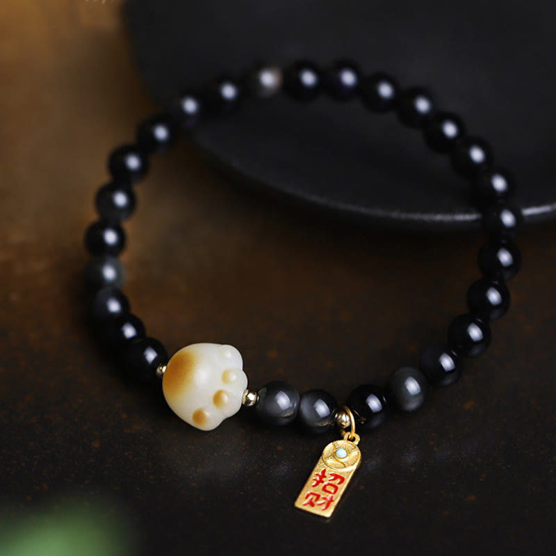 Buddha Stones Black Obsidian Cat Paw Bodhi Seed Lucky Fortune Charm Purification Bracelet - image 2