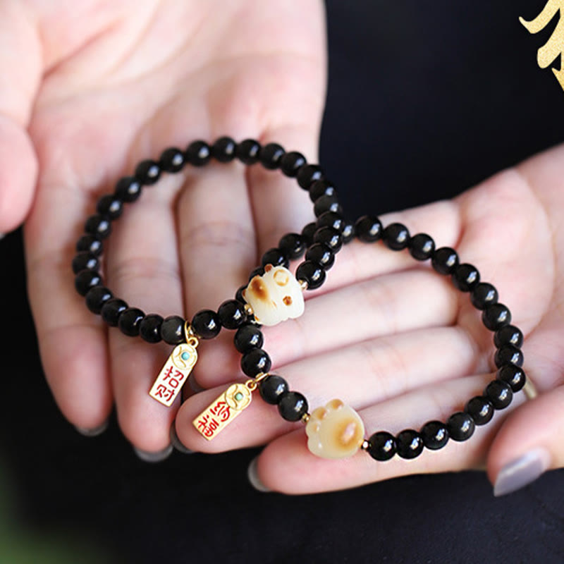 Buddha Stones Black Obsidian Cat Paw Bodhi Seed Lucky Fortune Charm Purification Bracelet - image 9