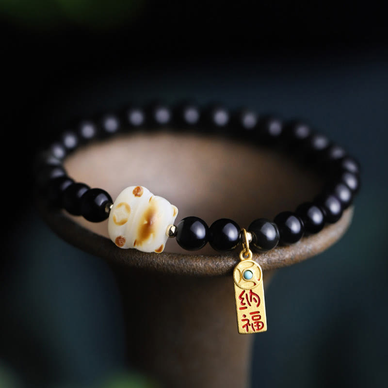 Buddha Stones Black Obsidian Cat Paw Bodhi Seed Lucky Fortune Charm Purification Bracelet - image 1