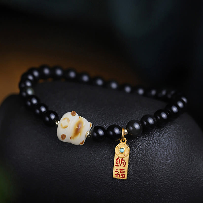 Buddha Stones Black Obsidian Cat Paw Bodhi Seed Lucky Fortune Charm Purification Bracelet - image 7