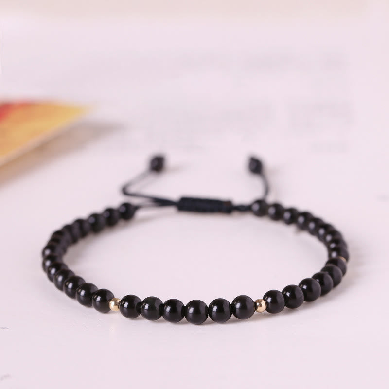 Buddha Stones Small Black Obsidian Beads Fulfillment Rope Bracelet - 4mm Black Obsidian(Wrist Circumference: 14-17cm) - image 0