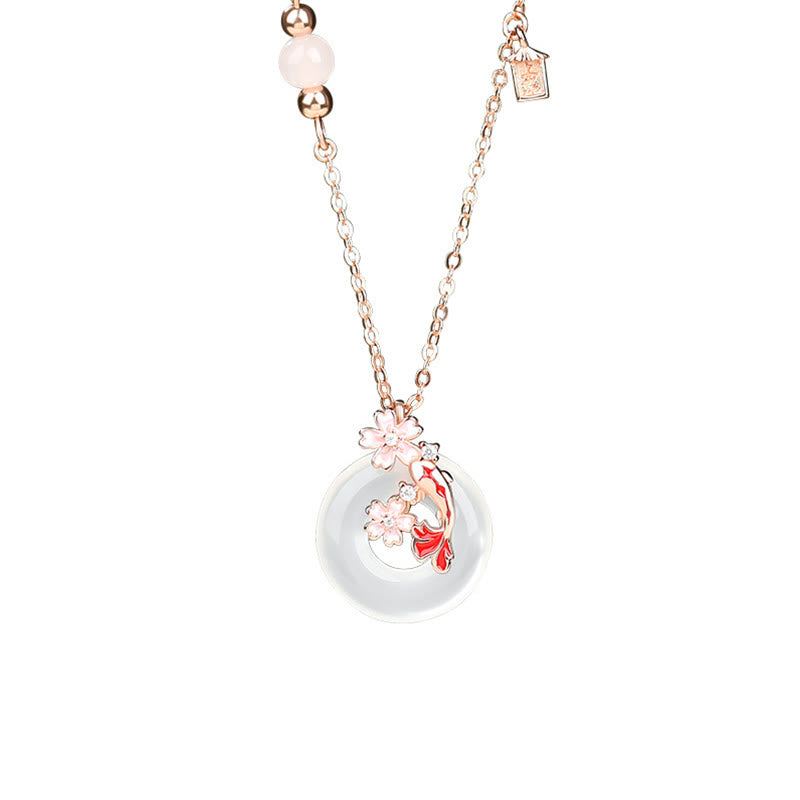 Buddha Stones Chalcedony Pink Crystal 925 Sterling Silver Flowers Koi Fish Peace Buckle Positive Necklace Pendant - image 2