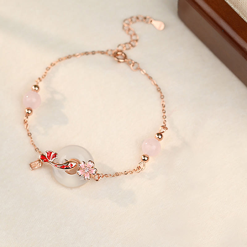 Buddha Stones Chalcedony Pink Crystal 925 Sterling Silver Flowers Koi Fish Peace Buckle Positive Bracelet - image 1