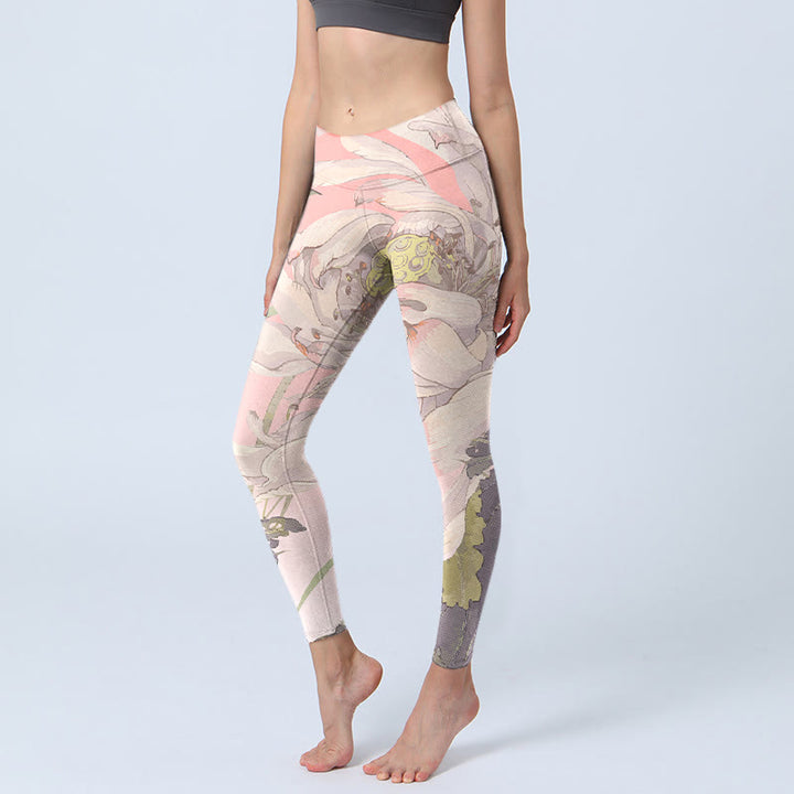 Buddha Stones Withered White Lotus Print Gym Leggings Women's Yoga Pants - Pink - US18，UK/AU22，EU50 (4XL) - image 0