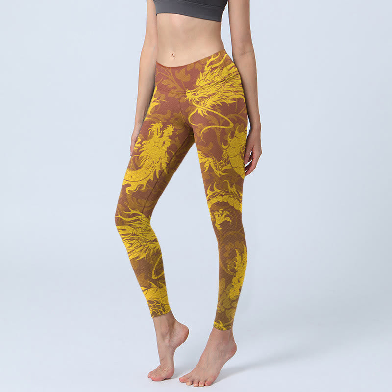 Buddha Stones Golden Dragon Flowers Print Gym Leggings Women's Yoga Pants - Gold - US18，UK/AU22，EU50 (4XL) - image 0