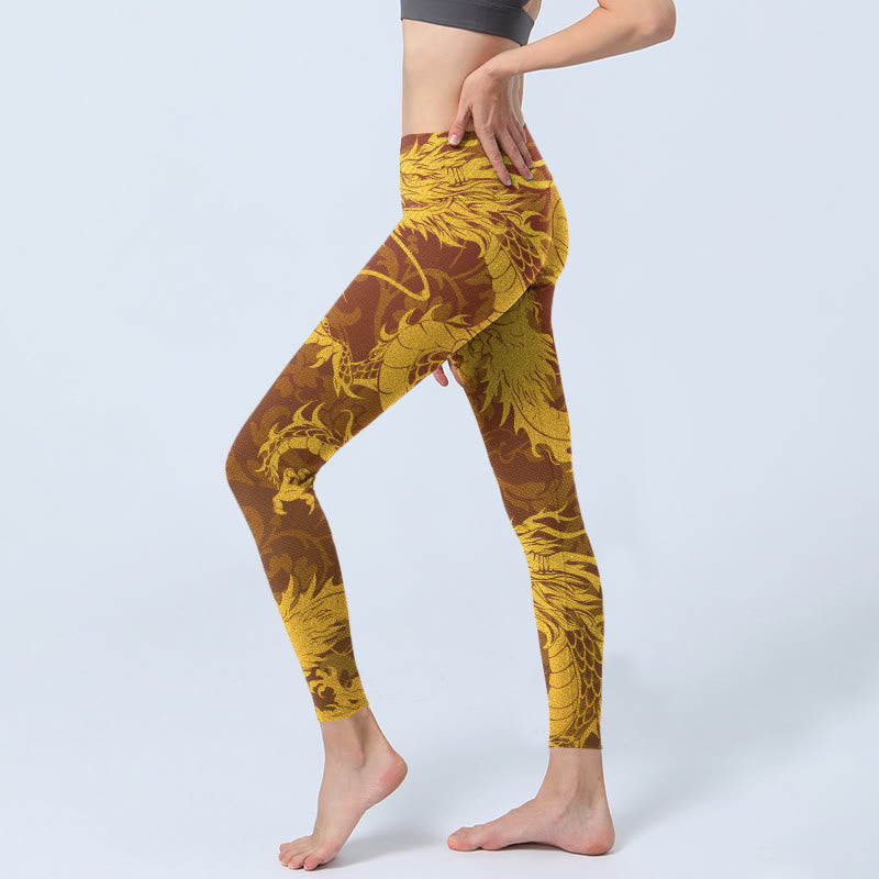 Buddha Stones Golden Dragon Flowers Print Gym Leggings Women's Yoga Pants - image 2