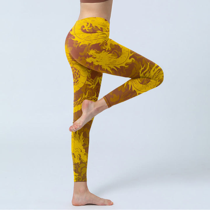 Buddha Stones Golden Dragon Flowers Print Gym Leggings Women's Yoga Pants - image 3