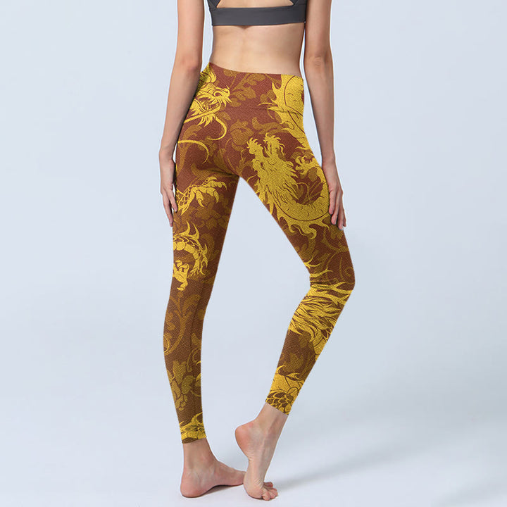 Buddha Stones Golden Dragon Flowers Print Gym Leggings Women's Yoga Pants - image 4