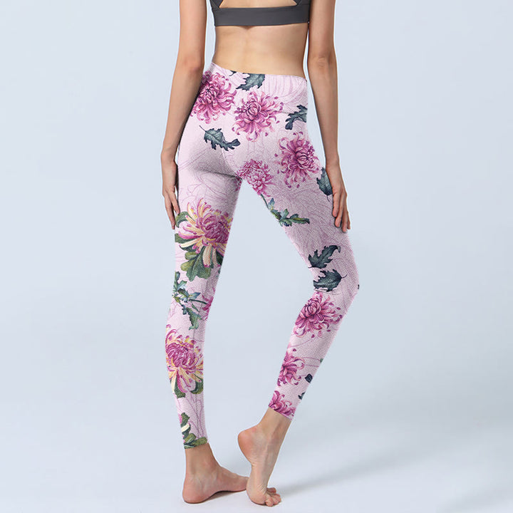 Buddha Stones Pink Chrysanthemum  Gym Leggings Women's Yoga Pants - image 4