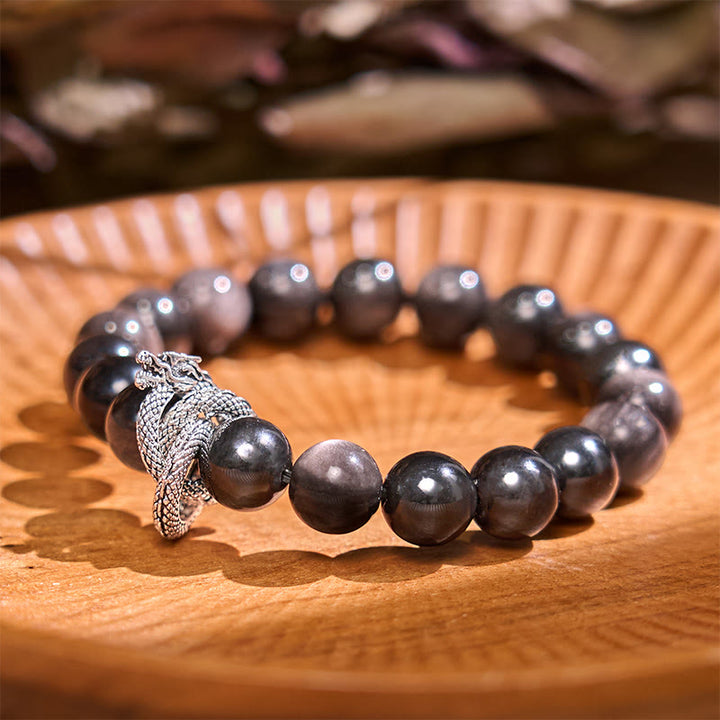 Buddha Stones Silver Sheen Obsidian Dragon Protection Bracelet - image 1