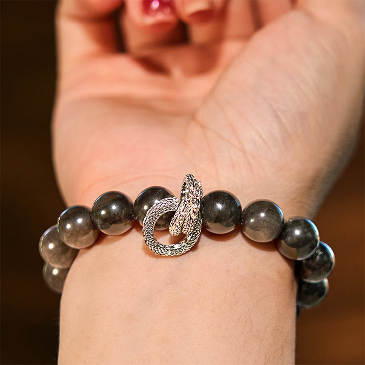Buddha Stones Silver Sheen Obsidian Dragon Protection Bracelet - image 4