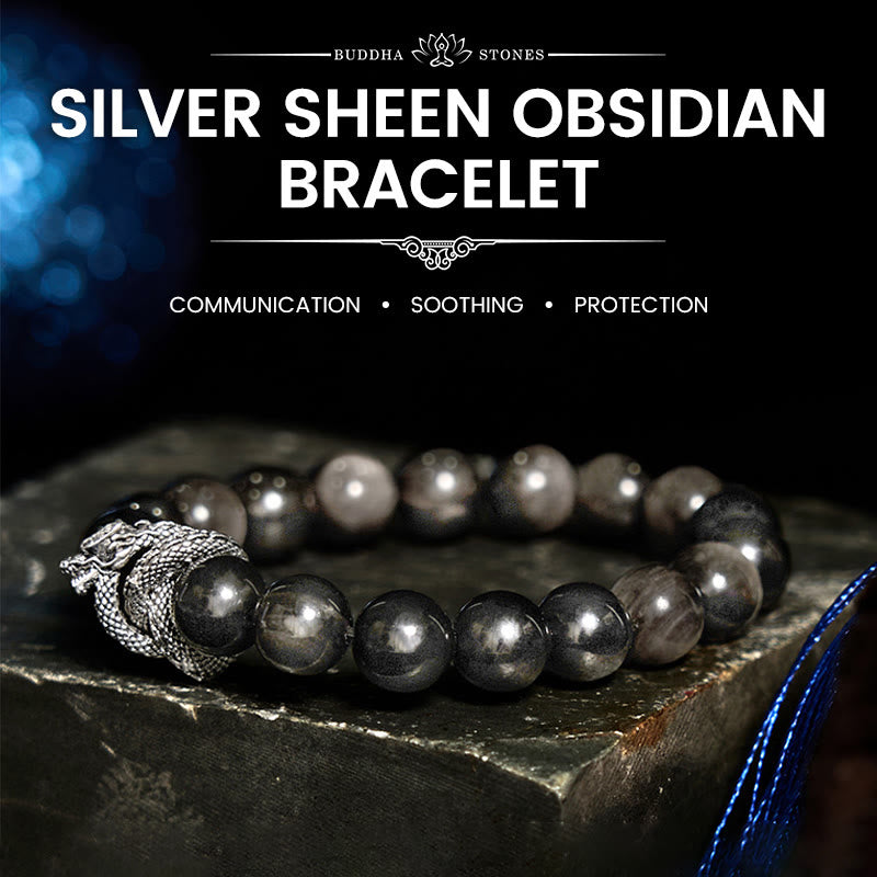 Buddha Stones Silver Sheen Obsidian Dragon Protection Bracelet - Silver Sheen Obsidian(Wrist Circumference: 14-16cm) - image 0