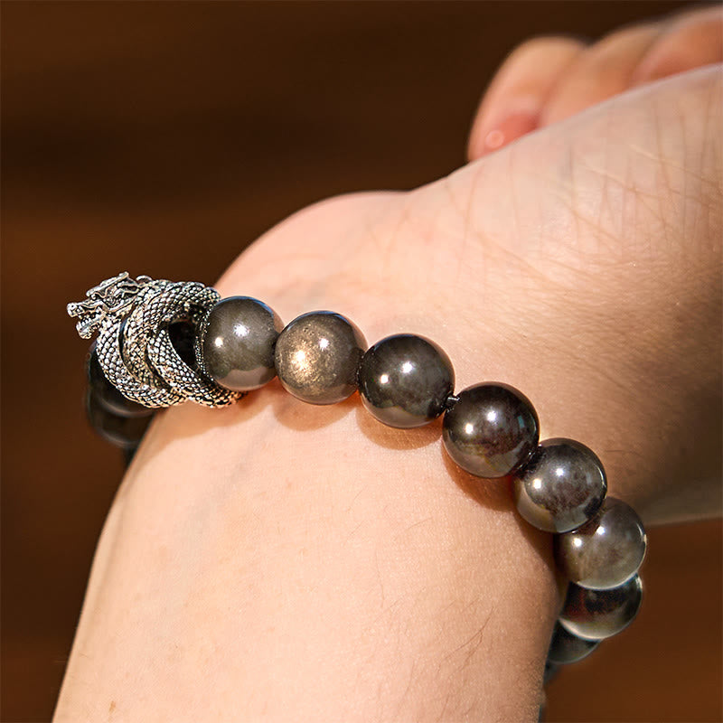 Buddha Stones Silver Sheen Obsidian Dragon Protection Bracelet - image 5