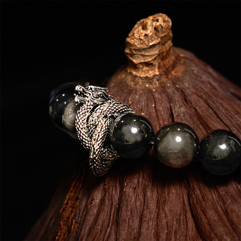 Buddha Stones Silver Sheen Obsidian Dragon Protection Bracelet - image 3