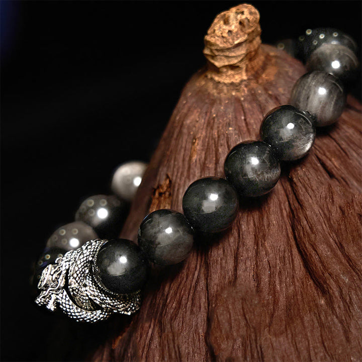 Buddha Stones Silver Sheen Obsidian Dragon Protection Bracelet - image 4
