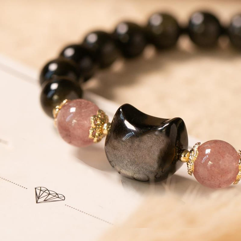 Buddha Stones Black Obsidian Strawberry Quartz Beads Silver Sheen Obsidian Cat Head Strength  Bracelet - image 2