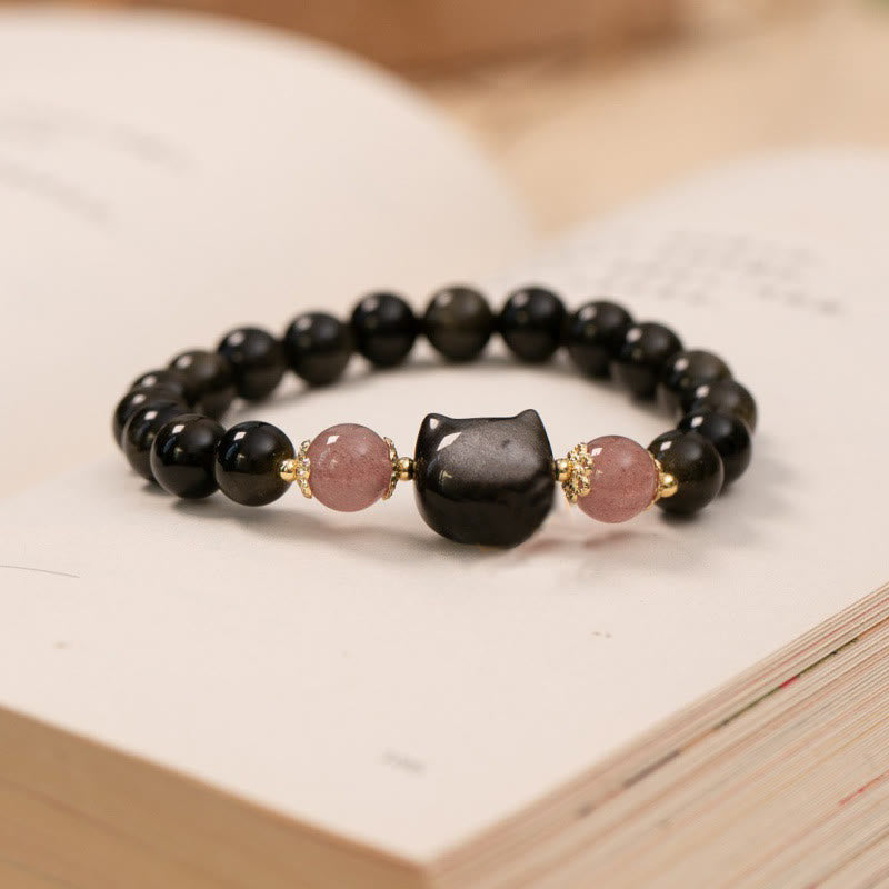 Buddha Stones Black Obsidian Strawberry Quartz Beads Silver Sheen Obsidian Cat Head Strength  Bracelet - image 1