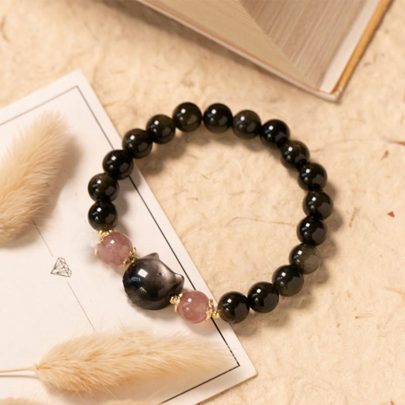 Buddha Stones Black Obsidian Strawberry Quartz Beads Silver Sheen Obsidian Cat Head Strength  Bracelet - Black Obsidian(Wrist Circumference: 15-17cm) - image 0