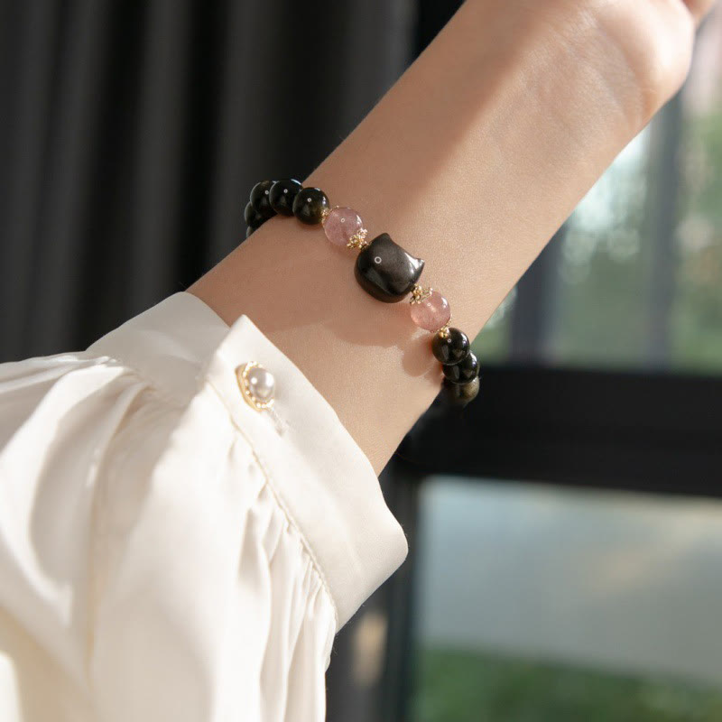 Buddha Stones Black Obsidian Strawberry Quartz Beads Silver Sheen Obsidian Cat Head Strength  Bracelet - image 4