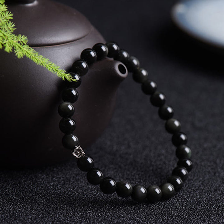 Buddha Stones Black Obsidian Bead 925 Sterling Silver Flower Design Purification Bracelet - image 1