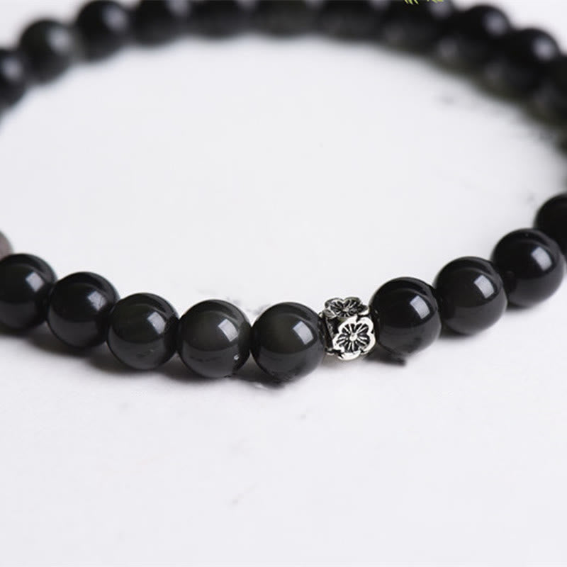 Buddha Stones Black Obsidian Bead 925 Sterling Silver Flower Design Purification Bracelet - image 3
