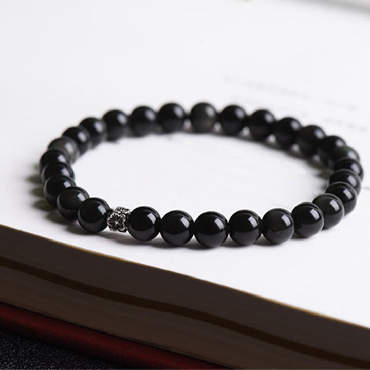 Buddha Stones Black Obsidian Bead 925 Sterling Silver Flower Design Purification Bracelet - image 8